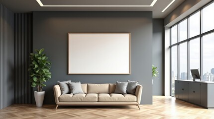 Modern minimalist living room with large blank canvas and city view