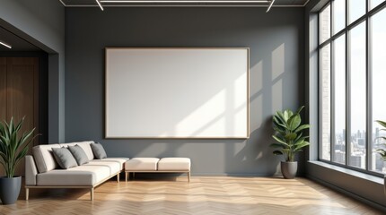 Modern minimalist living room with large blank canvas and city view