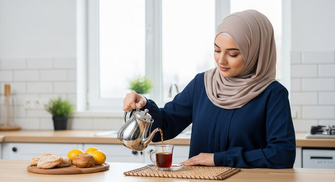 Muslim woman pouring tea in kitchen while wearing hijab and smiling  
