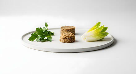 Elegant presentation of gourmet pâté with fresh parsley and endive on a white plate