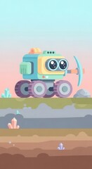Naklejka premium Adorable robotic vehicle explores planetary surface with mining implement