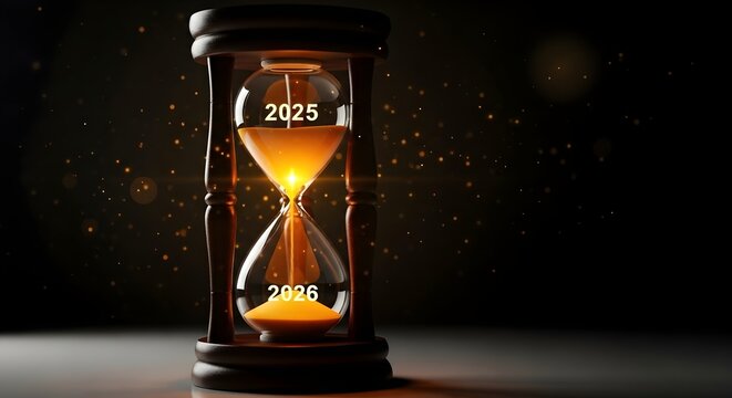 Hourglass with 2025 and 2026 representing time passing