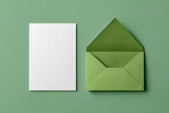 Minimal postcard mock-up: open envelope and blank sheet on a seamless green surface for personalized text