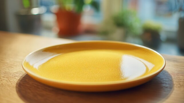 Minimal still life of a sunny yellow plate with glaze texture
