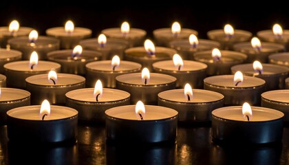 Many lit tea light candles arranged on a dark surface, creating a warm and intimate atmosphere