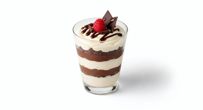 Layered chocolate and cream parfait dessert in glass cup, isolated on white