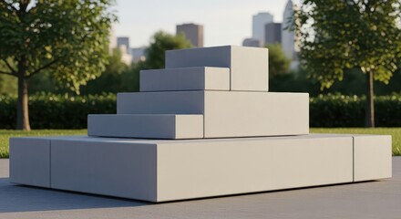 Modular stepped seating elements form a geometric display outdoors with urban buildings in the background