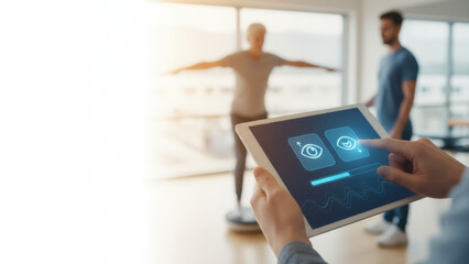 Physical therapy. balance fall prevention seniors therapist adjusts balance training app tablet while older adult practices standing exercise with