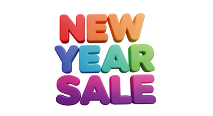 Vibrant new year sale announcement with colorful gradient text on black background
