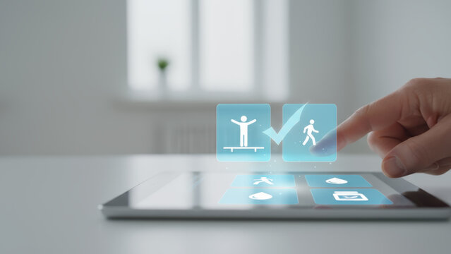 Physical therapy. balance. fall. prevention. seniors digital interface with tablet and hand selecting mobility option promoting safety
