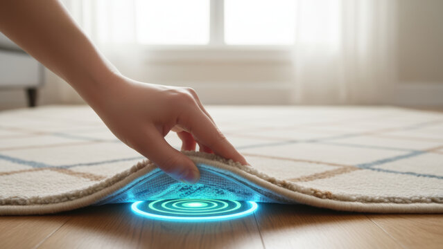 Physical therapy. balance. fall. prevention. seniors hand lifting rug to reveal glowing sensor floor enhancing home safety and balance training
