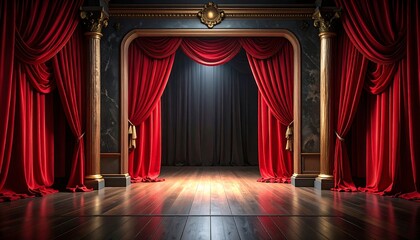 Luxurious stage with bright red velvet curtains, gold pillars, and gleaming wood floor under a spotlight