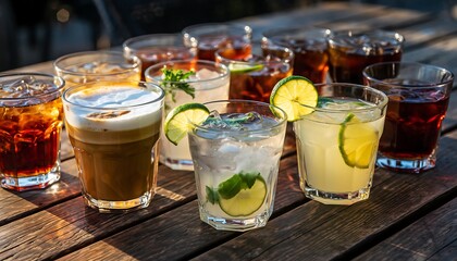 Many refreshing drinks in glasses, with ice and lime, arranged on a wooden surface, outdoors in natural light