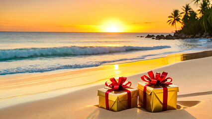 Tranquil holiday celebration on sandy shore with vibrant sunset and elegant gifts - tropical holiday scene