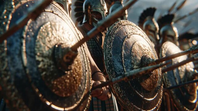 Ancient Warriors in Formation with a Close-up on a Battle-Worn Shield and Spear
