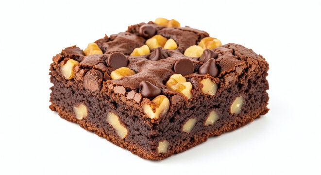 Fudgy chocolate brownie square with nuts, isolated on pure white - Powered by Adobe