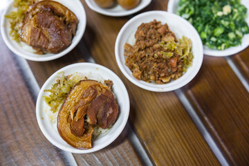 Taiwan comfort food braised pork rice close up