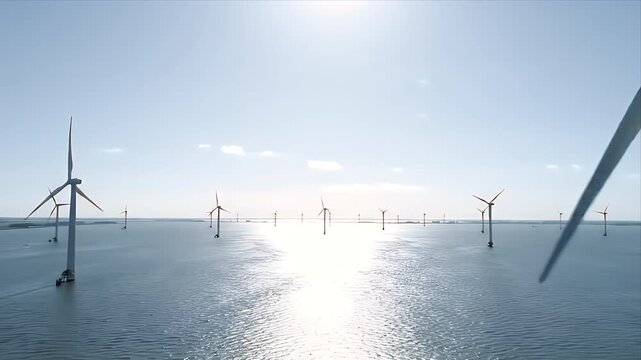 Aerial view of offshore wind farm generating clean energy in the sea. Renewable energy concept for sustainable future and environmental awareness