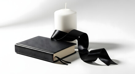 A black ribbon draped over a closed book beside a white candle, symbolizing remembrance and loss.