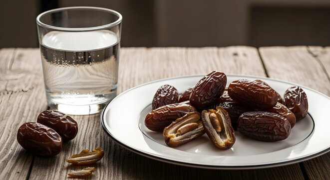 Kurma kering  diatas meja dengan segelas air putih