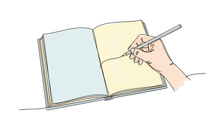 Hand writing in notebook with pen planning and study concept one line minimalist illustration with watercolor fill,