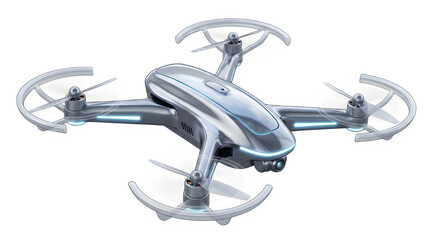 Futuristic silver drone with protective propeller guards against a black background