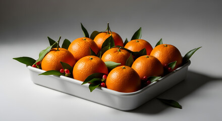Fresh, vibrant tangerines arranged with green leaves and red berries in a white dish