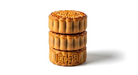 Three golden baked mooncakes stacked neatly on a white background, a festive sweet treat