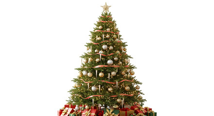 Beautifully decorated christmas tree with gifts against a dark background for holiday season