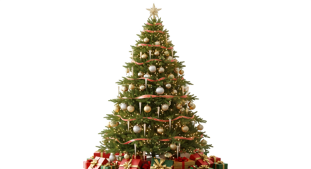 Beautifully decorated christmas tree with gifts against a dark background for holiday season