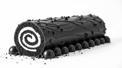 Black dessert roll, chocolate cake, white cream filling, spiral design, elegant presentation, gourmet treat