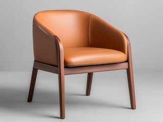 Naklejka premium Contemporary wooden armchair with a smooth curved silhouette, soft leather seat, and modern craftsmanship