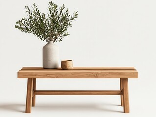 Stylish wooden coffee bench with slatted detailing, sleek modern legs, and a natural wood finish