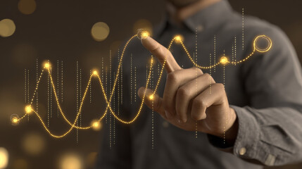 Hand touching virtual screen analyzing financial data chart