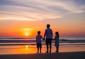 Father and Children Admiring Sunset Together on Beach