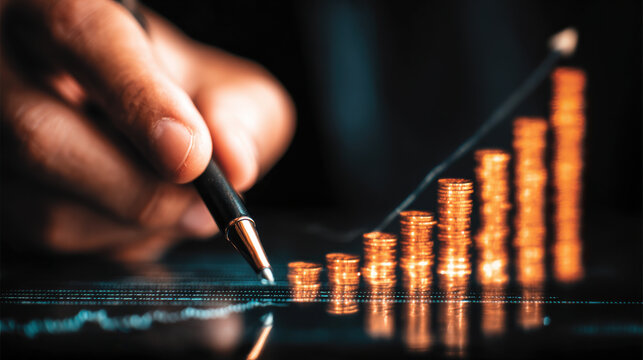 Hand writing on financial chart showing rising coins