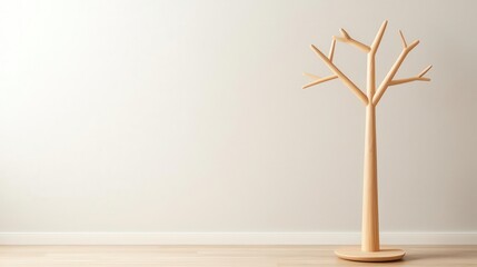 Contemporary wooden coat rack with a treeinspired form, sleek natural finish, and a freestanding base