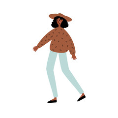 Illustration of woman in brown sweater and blue pants walking forward. Character and adult person moving along rural path. Female figure and lady in casual clothing. Flat vector art.