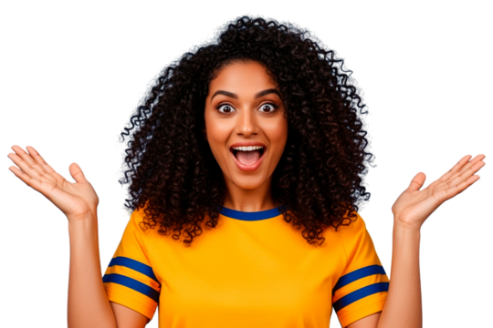 An attractive young woman with curly hair is isolated on transparent background, she is looking at the camera with a surprised expression and her hands are raised