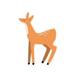 Illustration of young fawn in forest scene. Gentle animal and woodland creature stands in nature. Young beast and graceful mammal. Flat vector art.