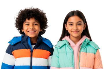 Two smiling children, a boy and a girl, stand sidebyside wearing colorful winter puffer jackets isolated on transparent background they look directly at the camera