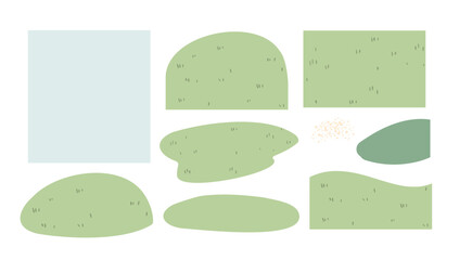 Illustration set of lawns, meadows, turf shapes, greensward fields and groundcover patches in various forms, creating soft natural scenery for clipart collection and landscape elements. Flat vector.