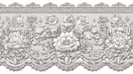 Intricate floral border design with detailed flowers, leaves, and decorative flourishes in monochrome