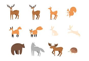 Forest animals set illustration including brown bear, red fox, grey wolf, antlered deer, fluffy hares and spiny hedgehog. Wild beasts and woodland creatures in natural habitat among trees and plants.