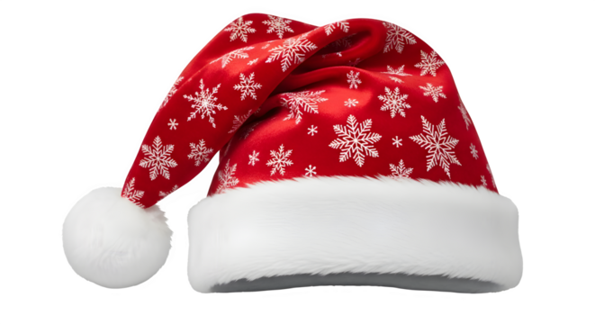 Festive red santa hat with white snowflakes isolated on black background