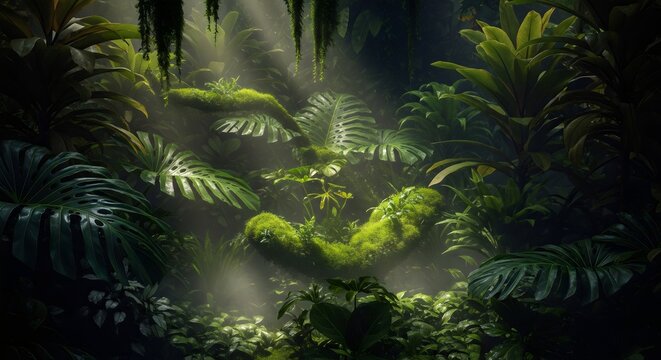 Sunlight filters through the dense canopy of a vibrant tropical jungle, illuminating lush green foliage and creating a mystical, atmospheric scene.