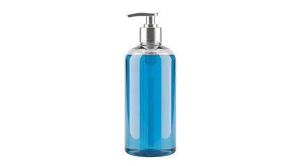 Elegant glass bottle with silver pump dispenser filled with blue liquid