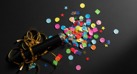 Confetti pieces scattered on dark surface after burst. Empty confetti cannon and gold streamers visible. Colorful confetti cannon burst on black, festive action shot
