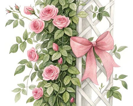 Vintage pink roses and bow on a white lattice arch