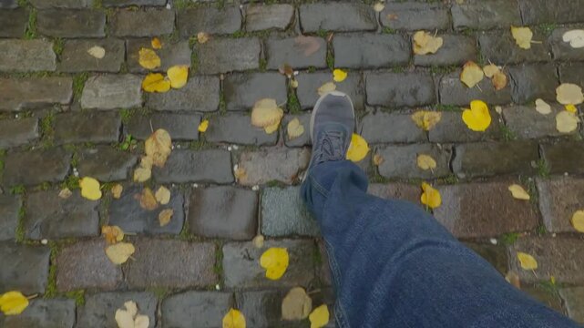 POV, men feets are dressed in jeans and boots walks along wet sidewalk with autumn leaves. Point of view of person's legs going in rain on damp granite paving slabs covered with fallen yellow foliage